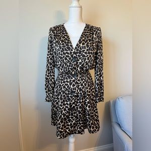 Zara Giraffe Brown Animal Print V-Neck Long Sleeve Button Up Mini Dress …